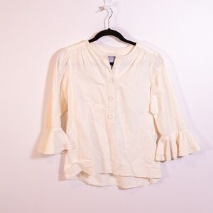 Dovima Cotton Linen Silk Quarter Button Pullover Ruffle Sleeve Blouse Ivory